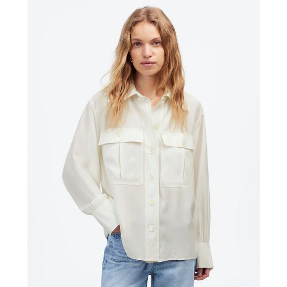 Madewell Silk Utility-Pocket Button-Up Shirt WMNS S Cream Long Sleeve Oversized - Picture 1 of 11